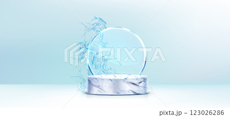 Podium with glass circle and clear water splash 123026286