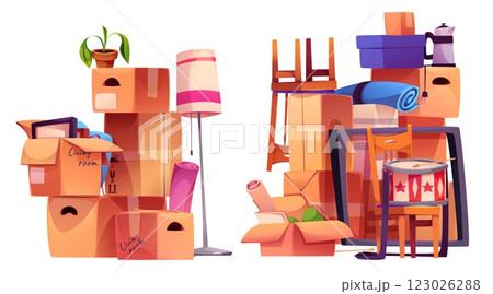 Home stuff in cardboard boxes 123026288