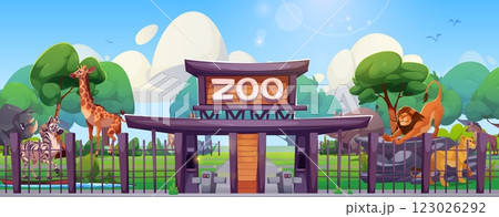 Zoo entrance gates with exotic animals Zoo entrance gates with exotic animals 123026292