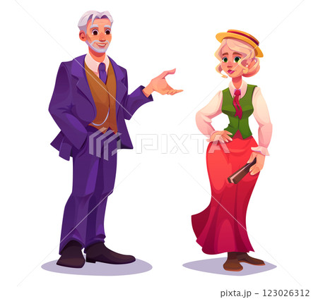 Victorian people dress. 19th century vintage suit 123026312