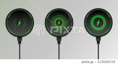 Round wireless chargers with neon green lightning Round wireless chargers with neon green lightning 123026319
