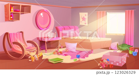 Messy children bedroom interior in pink colors 123026329