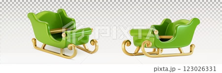 Green 3d sleigh model with metallic golden runners 123026331