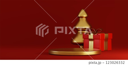 Xmas podium scene with tree and gift boxes 123026332