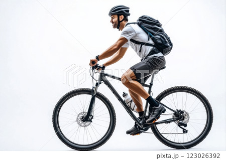 Athletic cyclist riding mountain bike studio setting action photography dynamic environment side view adventure concept 123026392