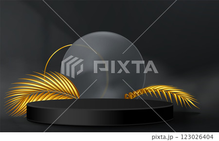Black podium with golden palm branch Black podium with golden palm branch 123026404