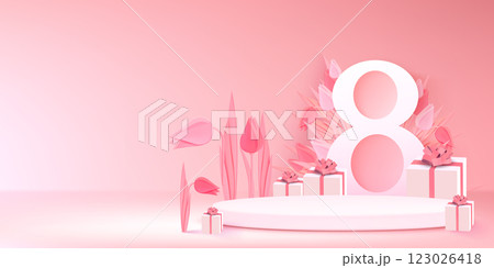 March 8 celebration podium in pink pastel colors 123026418
