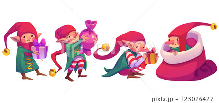 Cute elf characters with presents in festive poses Cute elf characters with presents in festive poses 123026427