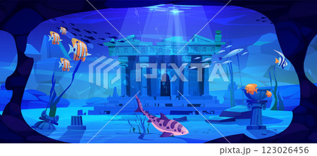 Sunken ancient temple ruins with fish 123026456