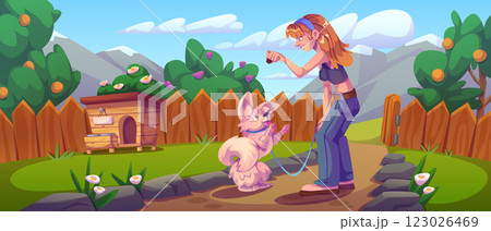 Backyard garden scene with young owner and pet dog 123026469