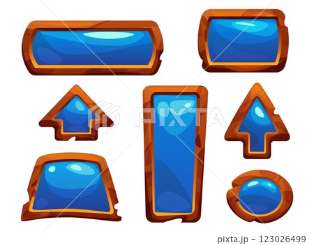 Game wood button, ui frame and arrow cartoon sign 123026499