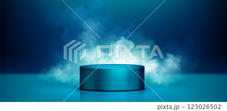3d turquoise podium with neon light and cloud 123026502