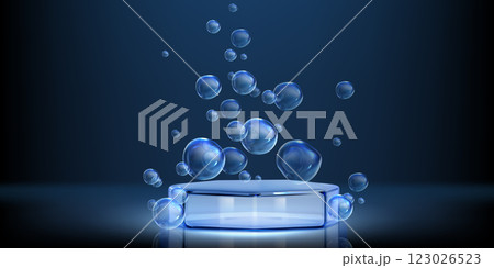 Glass podium surrounded by floating bubbles Glass podium surrounded by floating bubbles 123026523