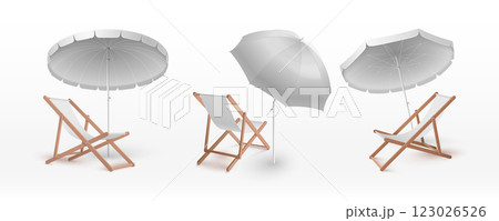Beach umbrella and chair mockups set Beach umbrella and chair mockups set 123026526