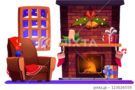 Christmas fireplace in house living room vector 123026559