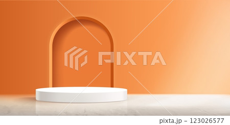 3d abstract orange arch podium for product display 3d abstract orange arch podium for product display 123026577