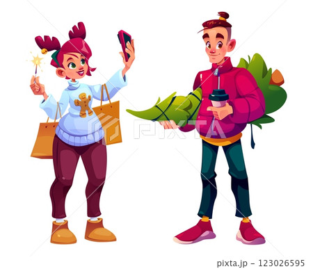 Happy people shopping, walking with Christmas tree Happy people shopping, walking with Christmas tree 123026595