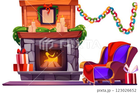 Cozy winter home interior with fireplace 123026652