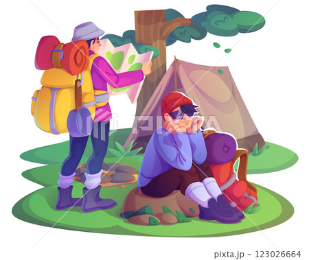 Hiker tourist in travel adventure with camp tent 123026664