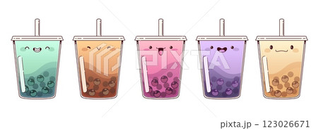 Bubble tea drinks with kawaii face expressions. 123026671