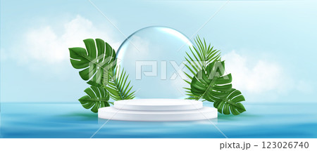 Water surrounded podium with tropical leaves Water surrounded podium with tropical leaves 123026740