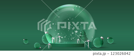 Green snow globe scene with circular platform 123026842