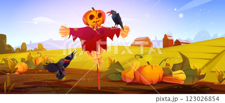 Autumn farm landscape with pumpkins and scarecrow 123026854