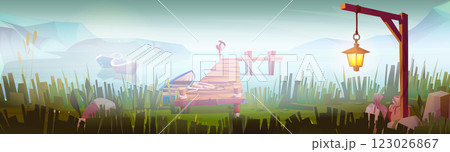 Panoramic misty waterfront scene with wooden pier Panoramic misty waterfront scene with wooden pier 123026867