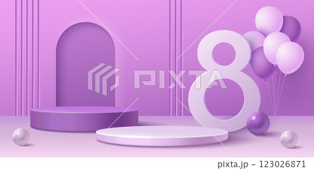 Purple pastel 8 March scene with podiums 123026871