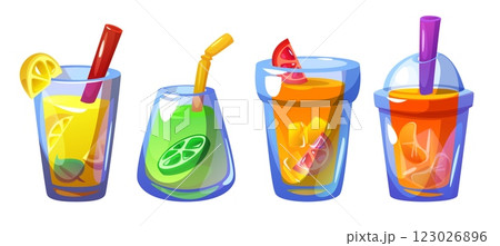 Ice lemon drink in glass. Mint fruit juice cartoon 123026896