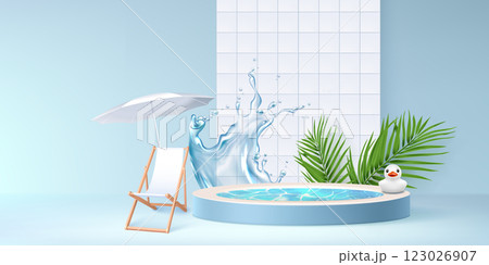 Round pool podium with water splash effect 123026907