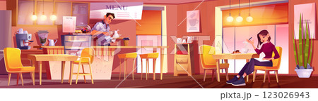 Coffee shop interior panoramic scene Coffee shop interior panoramic scene 123026943