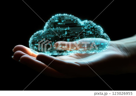 Digital cloud technology in a hand futuristic scene conceptual art dark environment close-up view Digital cloud technology in a hand futuristic scene conceptual art dark environment close-up view 123026955