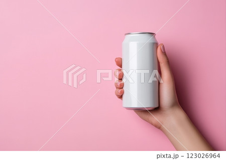 Minimalist close-up of hand holding blank beverage on pink background 123026964
