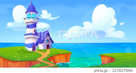 Cartoon lighthouse scene at seaside cliff 123027000