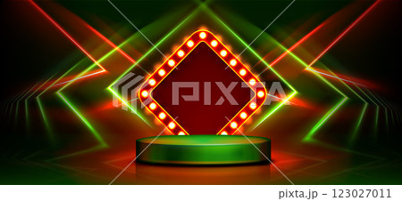 Illuminated frame with bulbs above circular podium Illuminated frame with bulbs above circular podium 123027011
