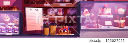 Pastry shop or cafe showcase with baked dessert 123027025