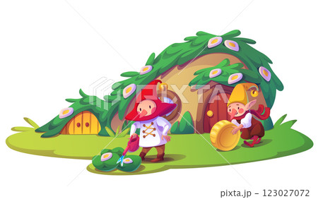 Miniature gnomes in garden near magical house 123027072