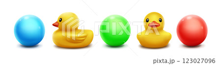 Rubber ducks and balls set isolated on white Rubber ducks and balls set isolated on white 123027096