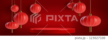 3d red chinese podium with lantern background 3d red chinese podium with lantern background 123027100