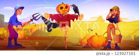 Cartoon farm landscape with farmers on field 123027101