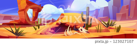 Desert cave entrance with animal skeleton 123027107