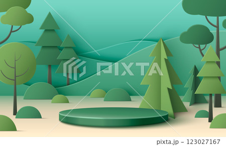 Minimalist papercut forest landscape with podium. 123027167