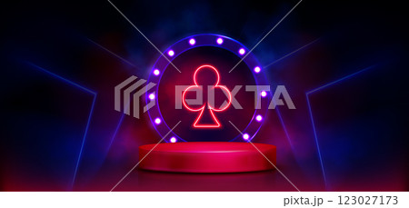 3d casino podium with neon light. Club poker card 123027173