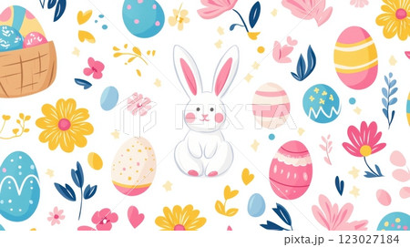 Spring picnic delight easter bunny colorful eggs and a festive celebration illustrated 123027184