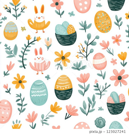 Easter celebration pattern spring garden digital art floral theme playful view festive concept 123027241