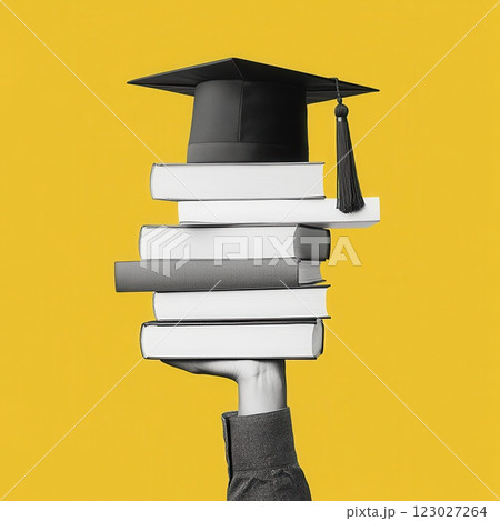 Celebrating graduation academic success with books and caps in a studio setting 123027264