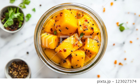 A top view of a glass jar of homemade mango pickle filled with chunks of spicy mango with herbs. Food preservation 123027374
