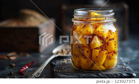 A glass jar of mango pickle filled with diced mango pieces in a spicy, tangy brine. Dark surface, a silver spoon 123027375