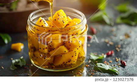 A glass jar teeming with marinated mango chunks. Glossy spiced oil drizzles into the jar. Mango pickle, fermented snack 123027376